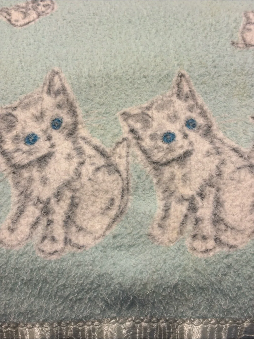 Vintage Green Baby Blanket Gray White Kitten Cats Blue Eyes Satin Trim Nursery